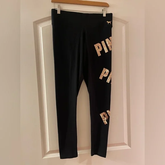 VS Pink Black Leggings with Gold Bling Sequin 'PINK'